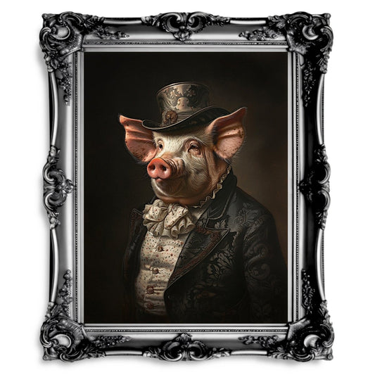 Victorian Pig Gentleman Wall Art Print - Quirky Gothic Animal Portrait Art - Everything Pixel