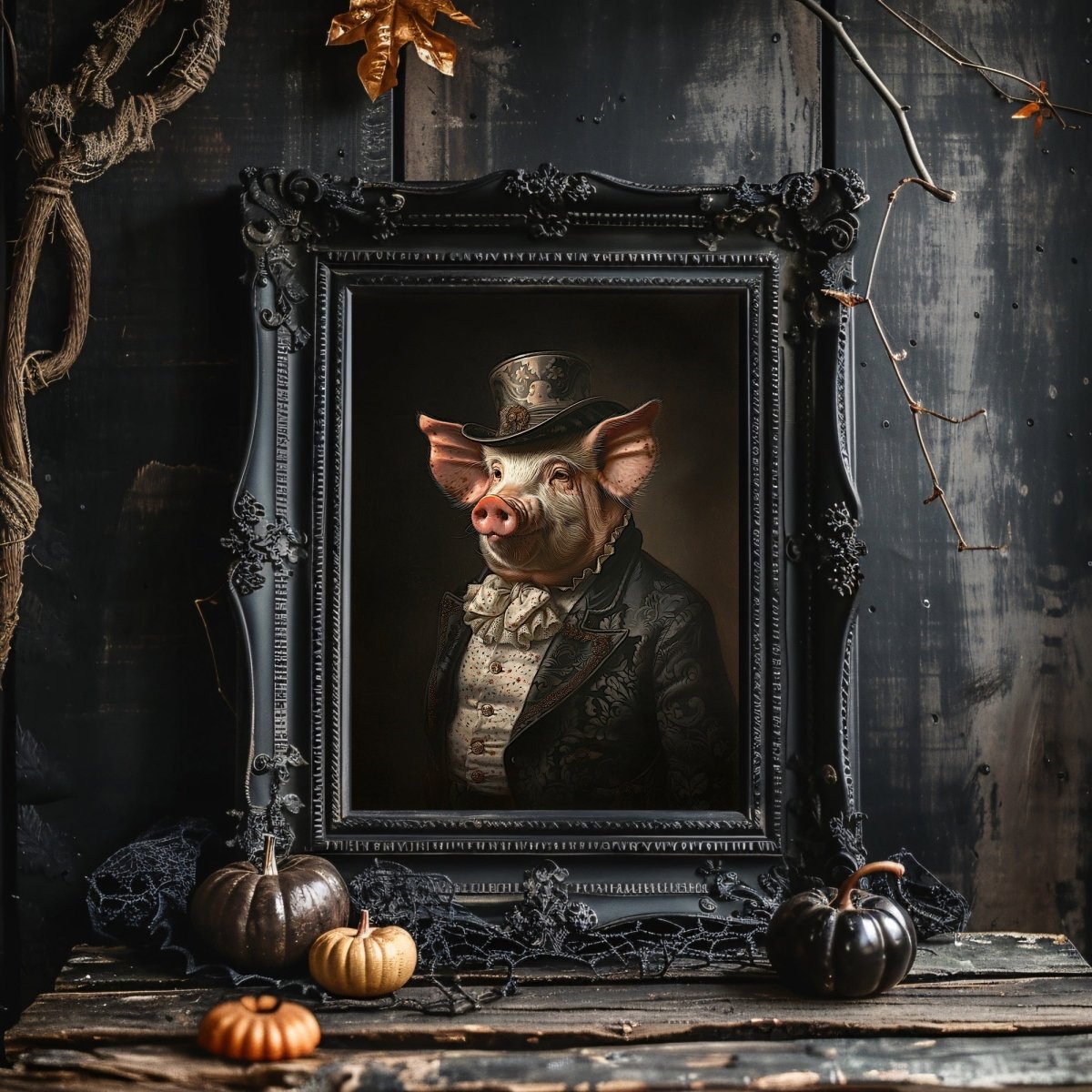 Victorian Pig Gentleman Wall Art Print - Quirky Gothic Animal Portrait Art - Everything Pixel