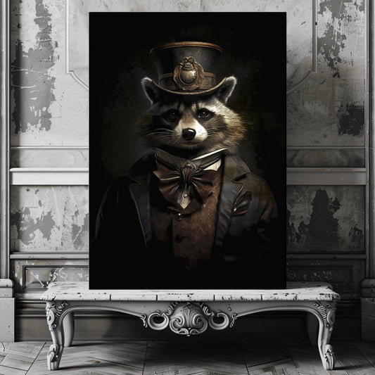 Victorian Raccoon Portrait Canvas Print - Gothic Home Decor, Animal in Clothes, Maximalist Eclectic Art - Everything Pixel