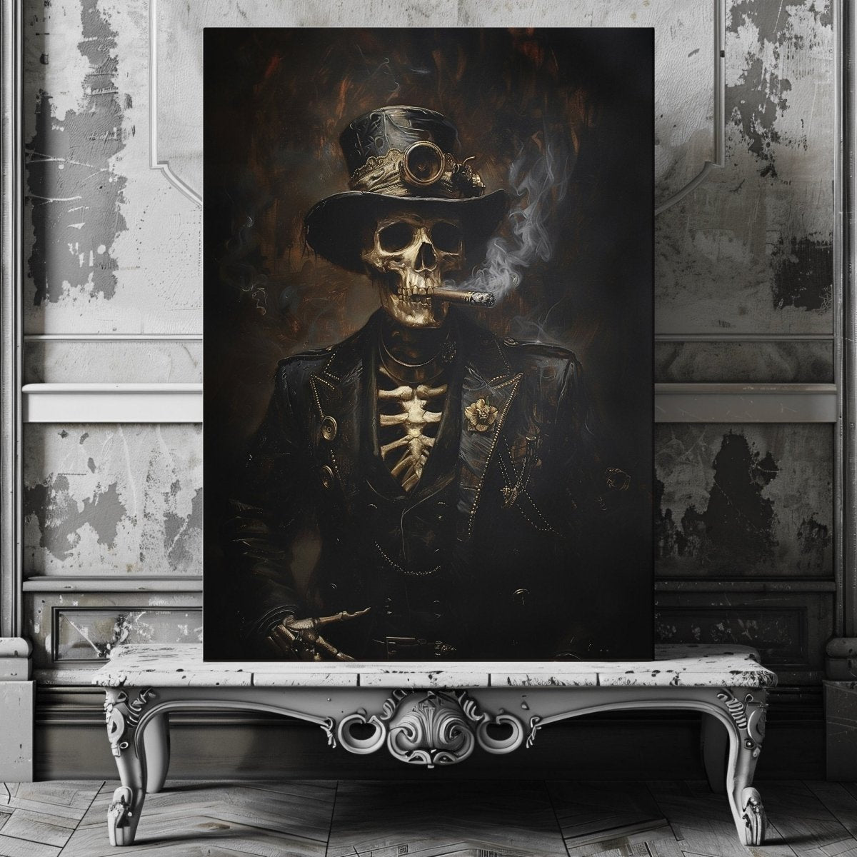 Victorian Skeleton Smoking Cigar Canvas Print - Gothic Steampunk Decor - Everything Pixel