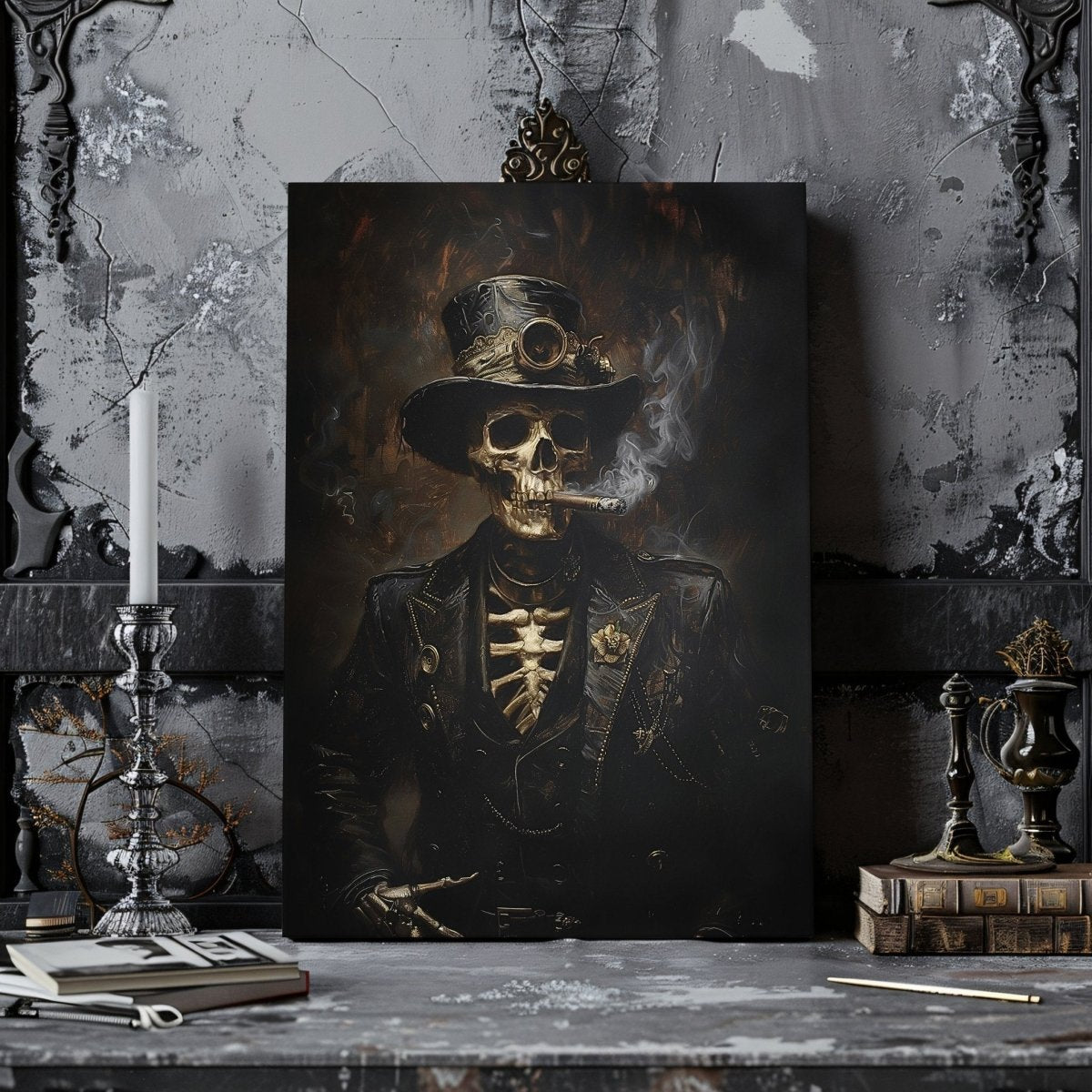 Victorian Skeleton Smoking Cigar Canvas Print - Gothic Steampunk Decor - Everything Pixel