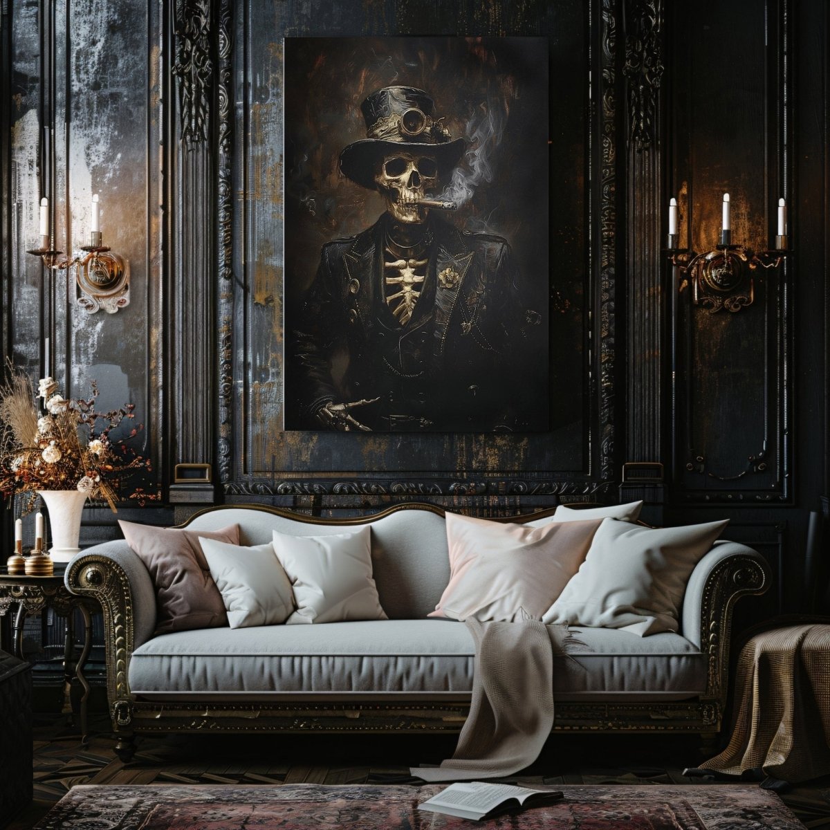 Victorian Skeleton Smoking Cigar Canvas Print - Gothic Steampunk Decor - Everything Pixel