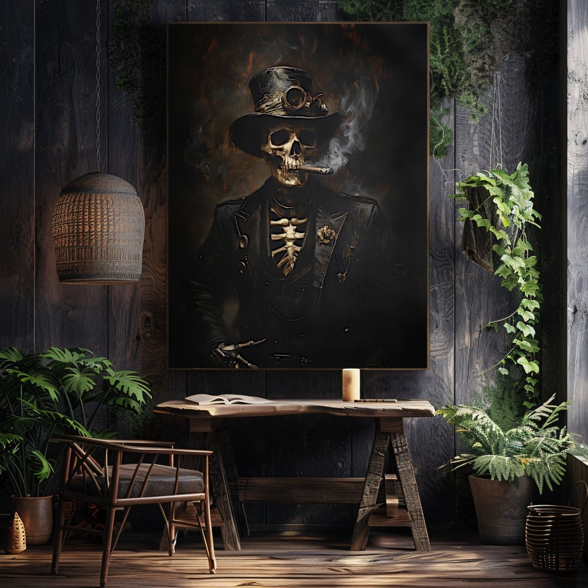 Victorian Skeleton Smoking Cigar Wall Art Print - Gothic Steampunk Decor - Everything Pixel