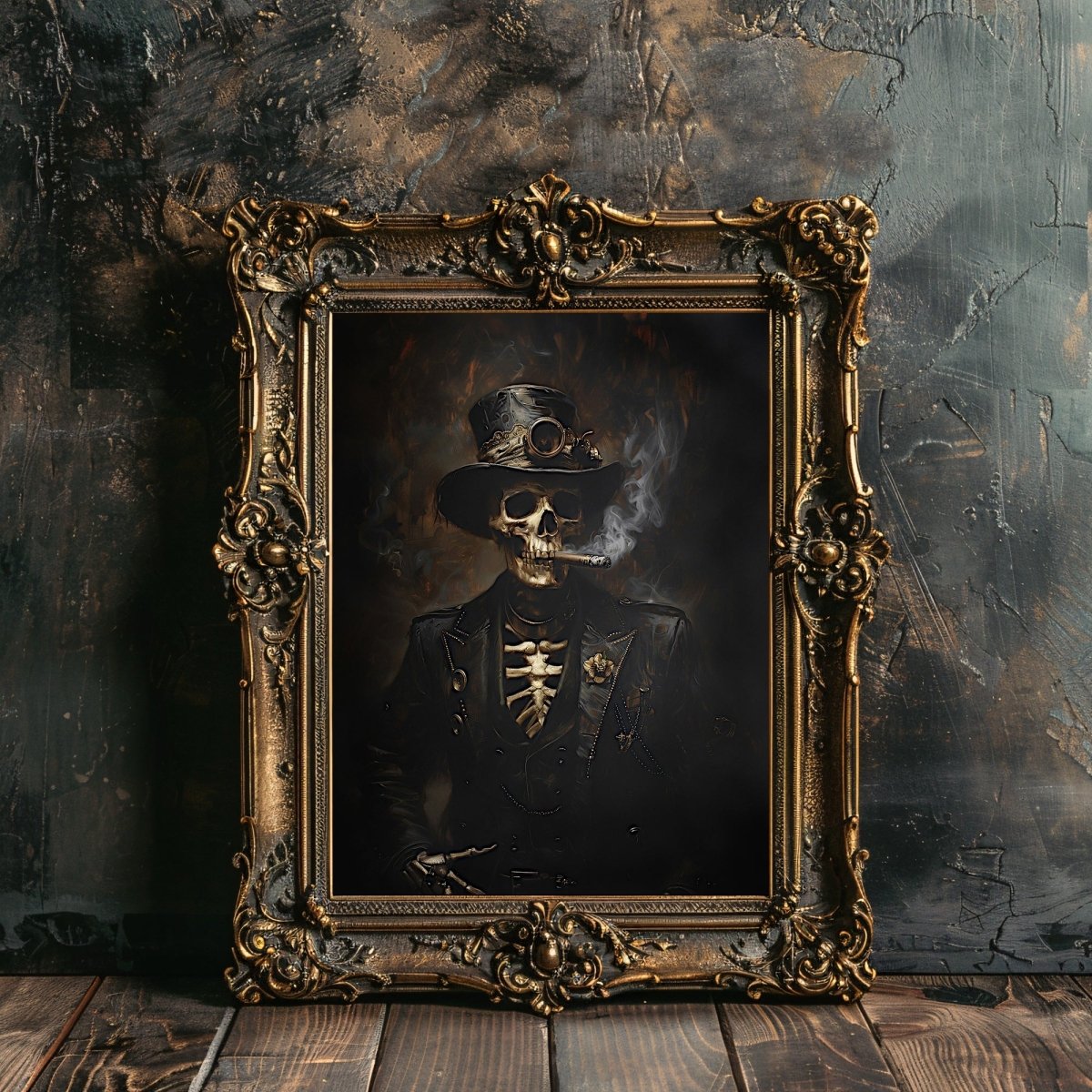 Victorian Skeleton Smoking Cigar Wall Art Print - Gothic Steampunk Decor - Everything Pixel