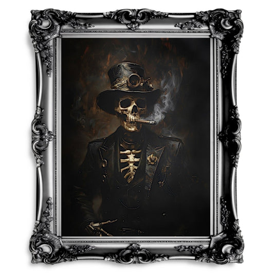 Victorian Skeleton Smoking Cigar Wall Art Print - Gothic Steampunk Decor - Everything Pixel