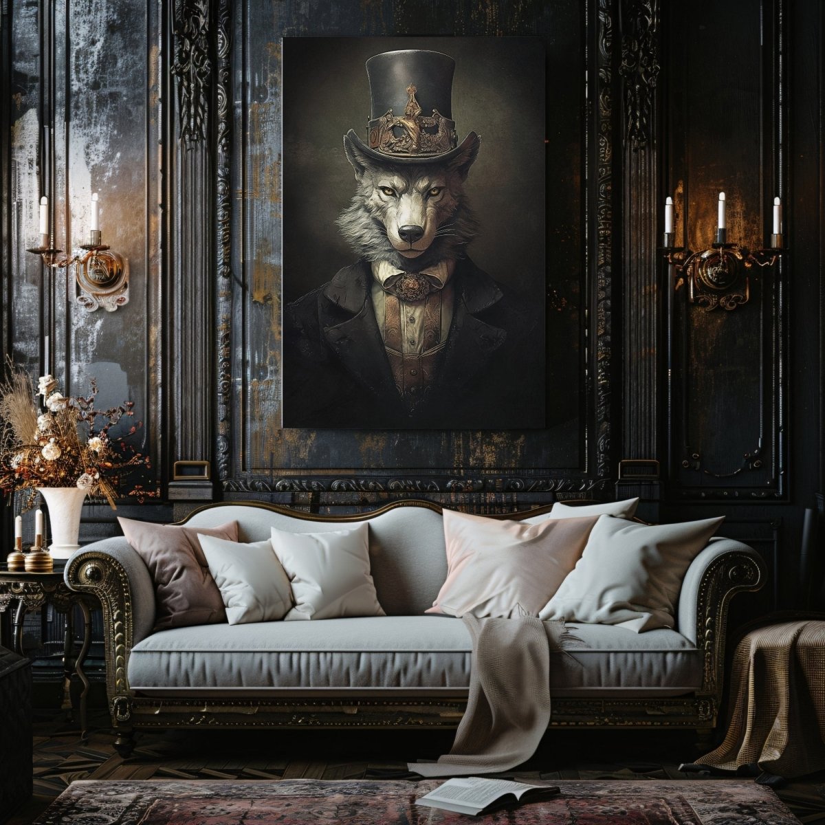 Victorian Wolf Gentleman Canvas Print Dark Cottagecore Vintage Animal Portrait Quirky Decor Gothic Dark Academia Wolf Lover Gift - Everything Pixel
