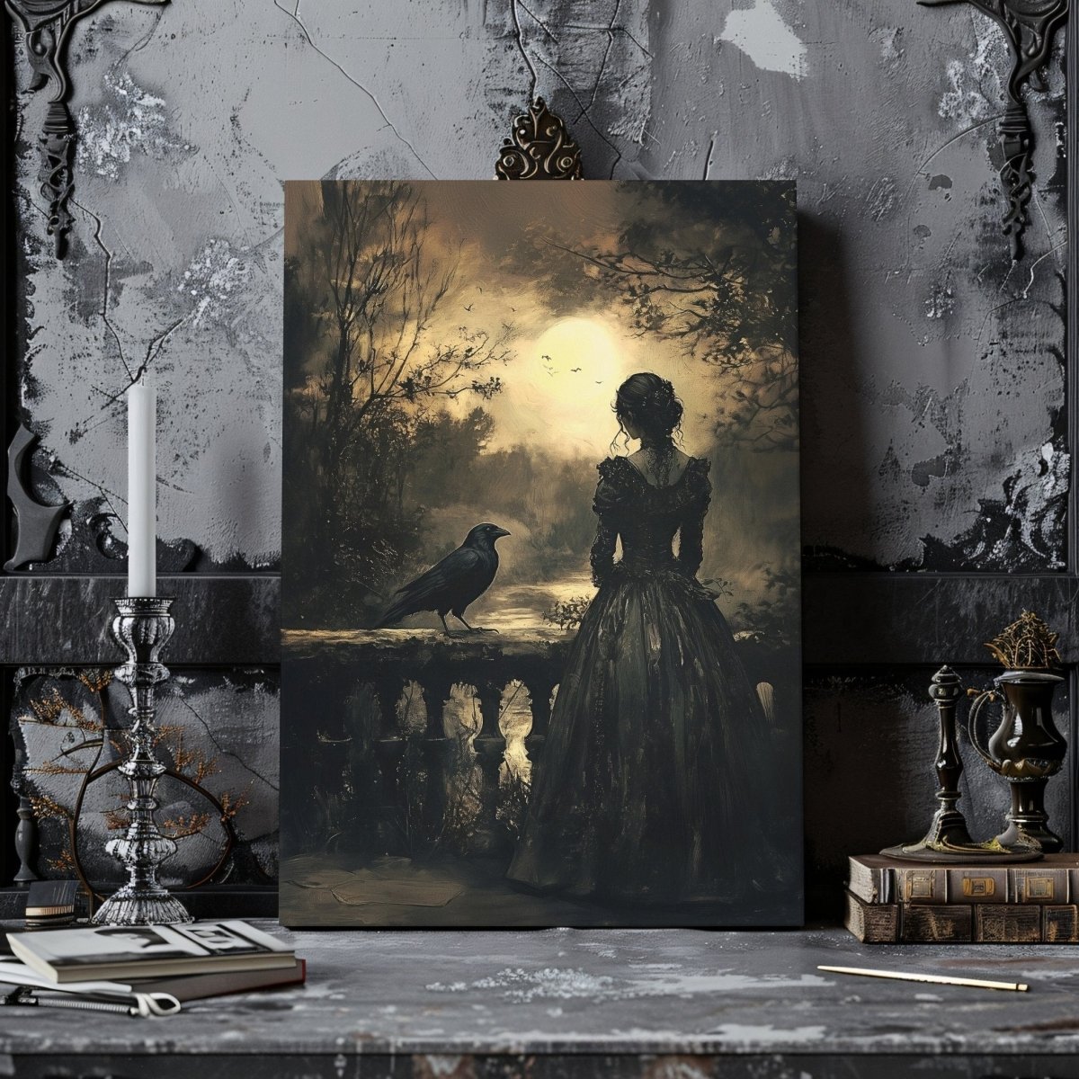 Victorian Woman & Raven Canvas Print - Gothic Dark Romance Art - Everything Pixel