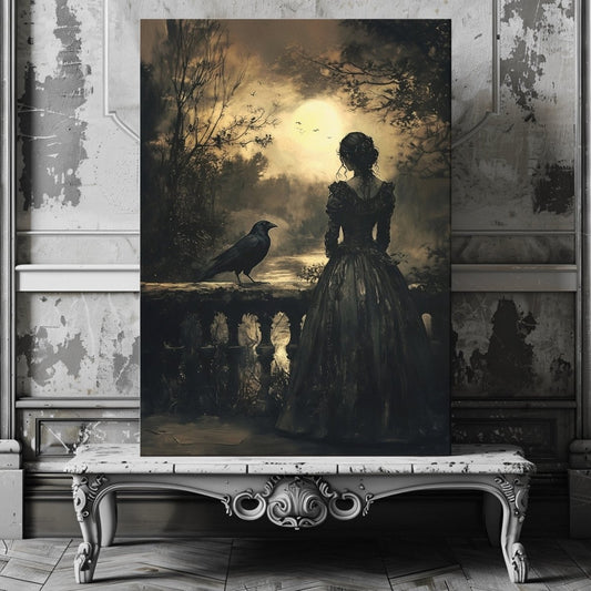 Victorian Woman & Raven Canvas Print - Gothic Dark Romance Art - Everything Pixel