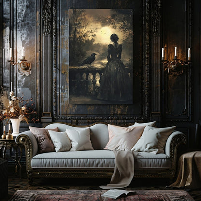 Victorian Woman & Raven Canvas Print - Gothic Dark Romance Art - Everything Pixel