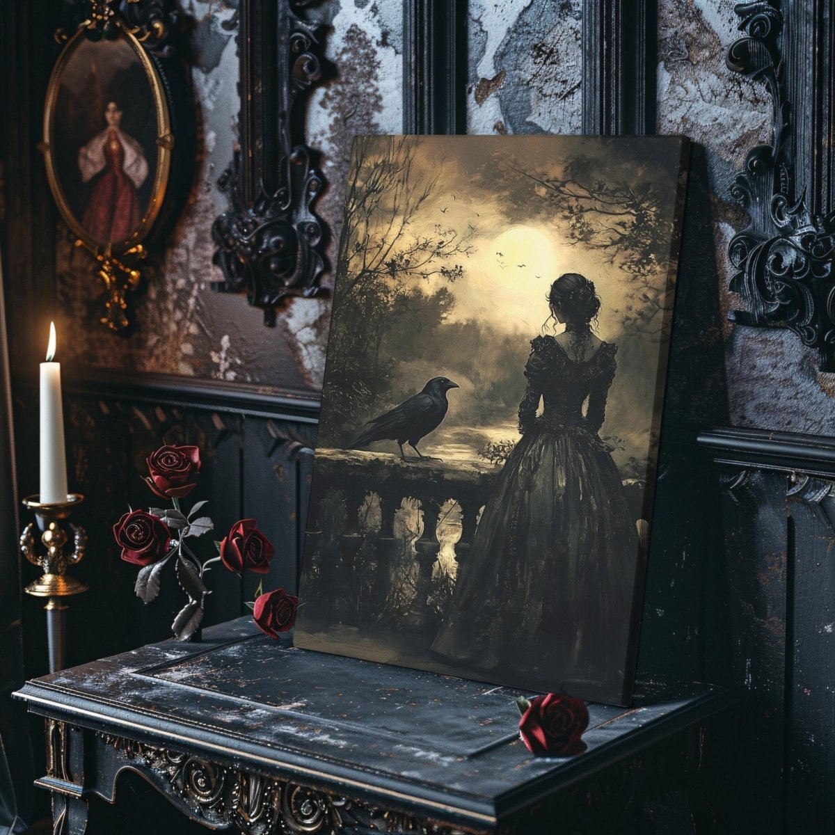 Victorian Woman & Raven Canvas Print - Gothic Dark Romance Art - Everything Pixel