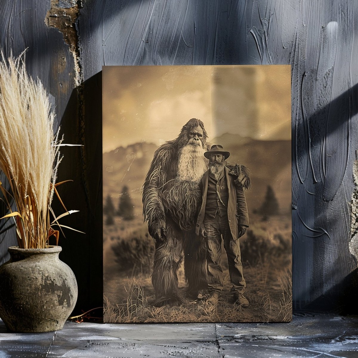 Vintage Canvas Wall Art Print of Settler and Bigfoot in the 19th Century - Cryptid Photo Print for Unique Decor - Everything Pixel