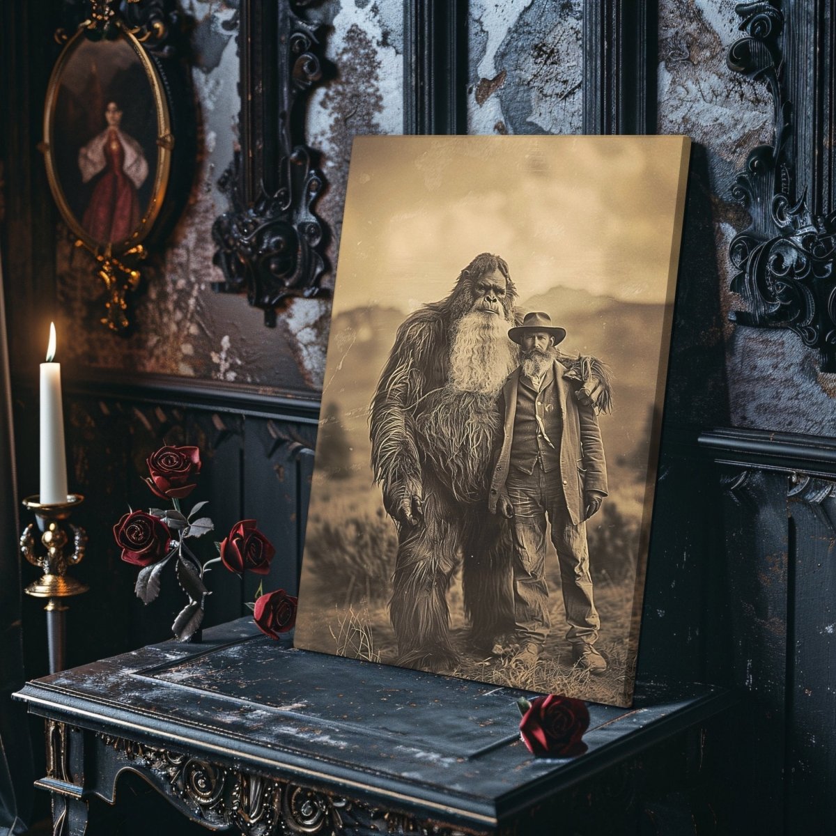 Vintage Canvas Wall Art Print of Settler and Bigfoot in the 19th Century - Cryptid Photo Print for Unique Decor - Everything Pixel