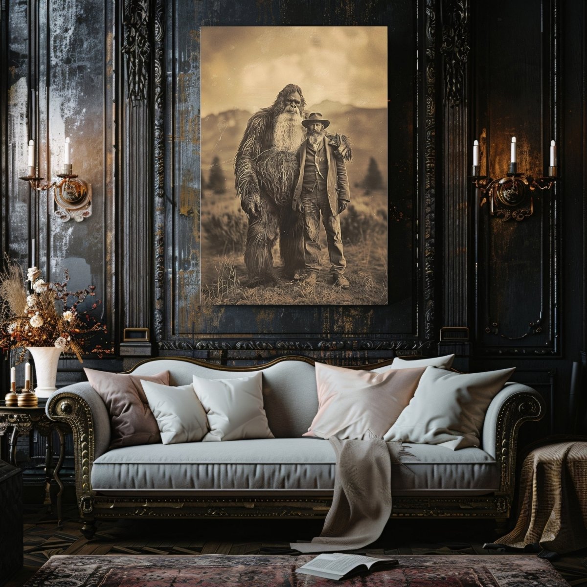 Vintage Canvas Wall Art Print of Settler and Bigfoot in the 19th Century - Cryptid Photo Print for Unique Decor - Everything Pixel