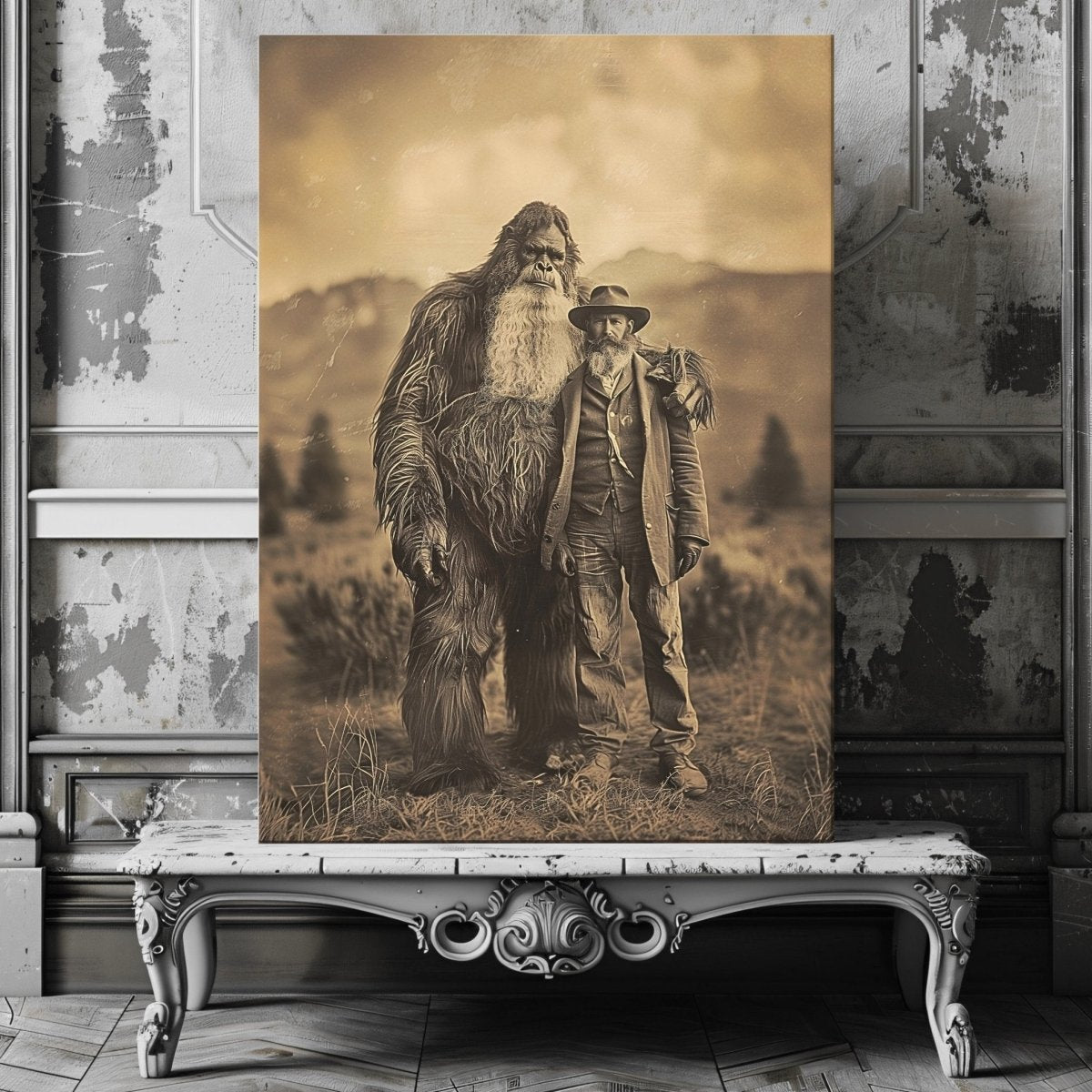 Vintage Canvas Wall Art Print of Settler and Bigfoot in the 19th Century - Cryptid Photo Print for Unique Decor - Everything Pixel