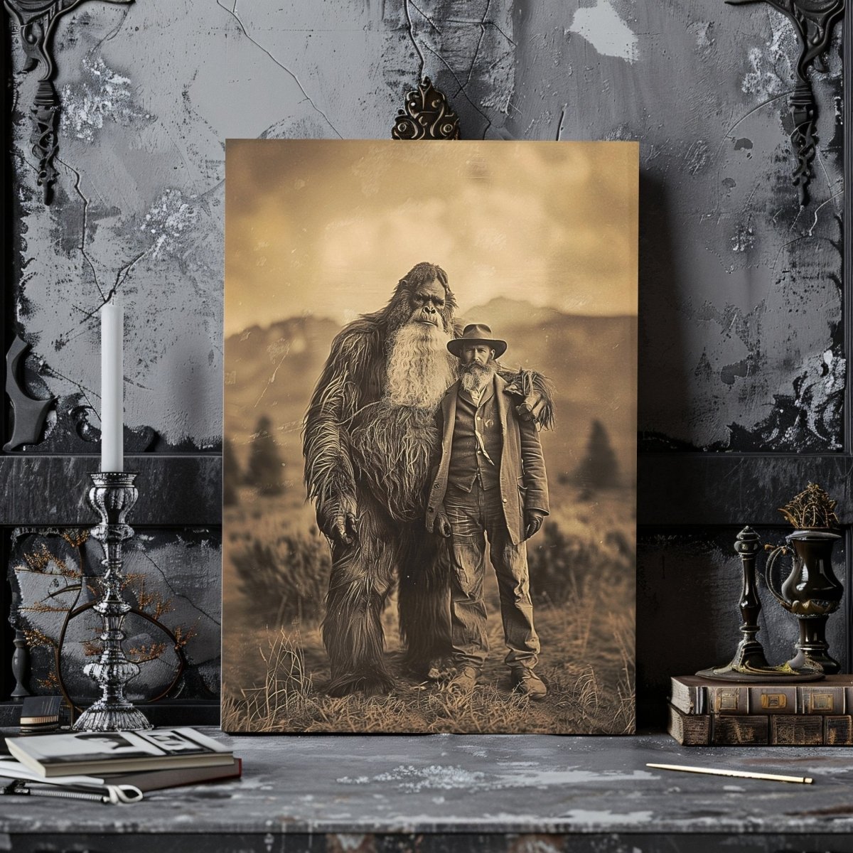 Vintage Canvas Wall Art Print of Settler and Bigfoot in the 19th Century - Cryptid Photo Print for Unique Decor - Everything Pixel