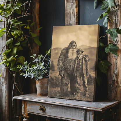 Vintage Canvas Wall Art Print of Settler and Bigfoot in the 19th Century - Cryptid Photo Print for Unique Decor - Everything Pixel