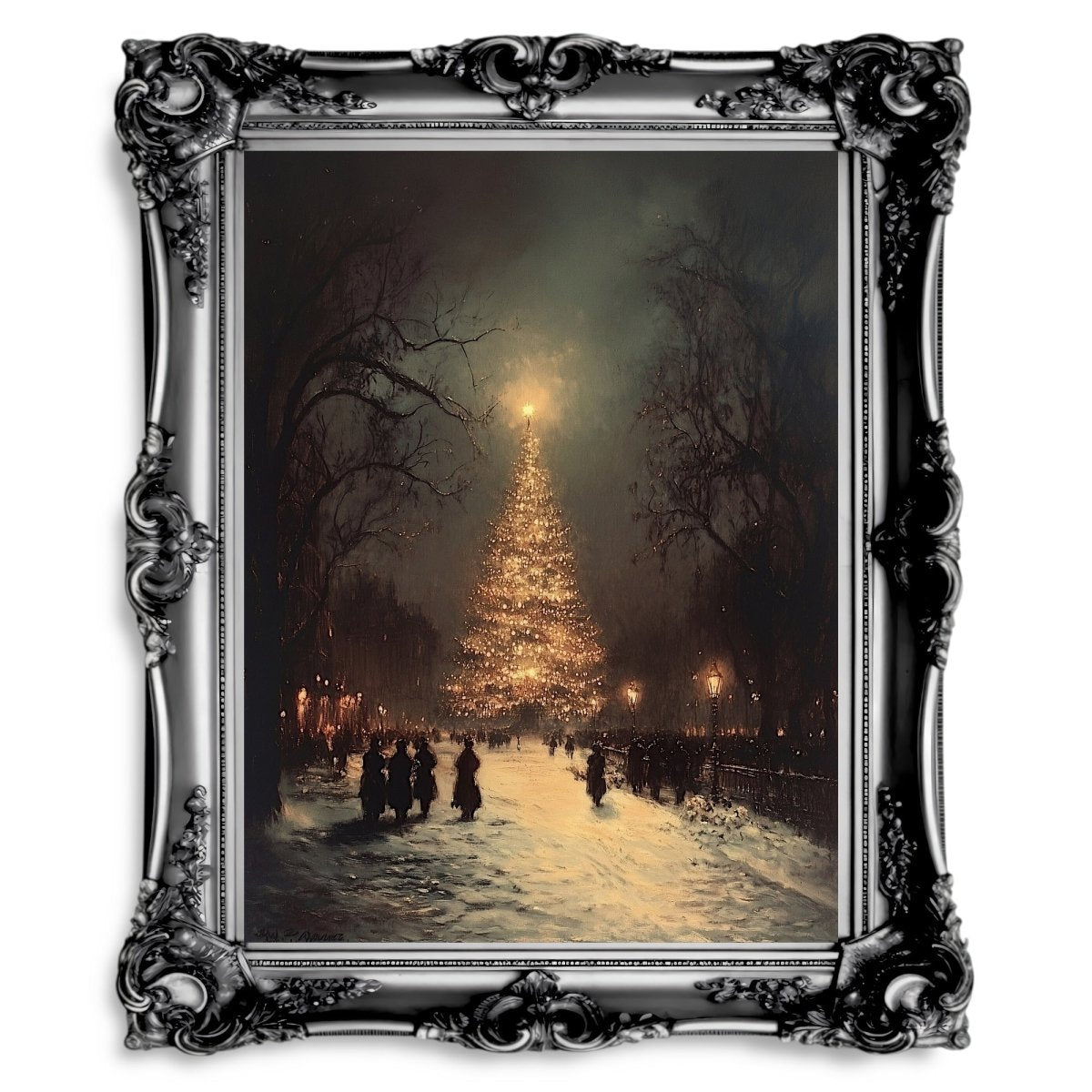 Vintage Christmas Tree Wall Art Print - Festive Winter Scene with Glowing Lights in Snowy Square - Everything Pixel