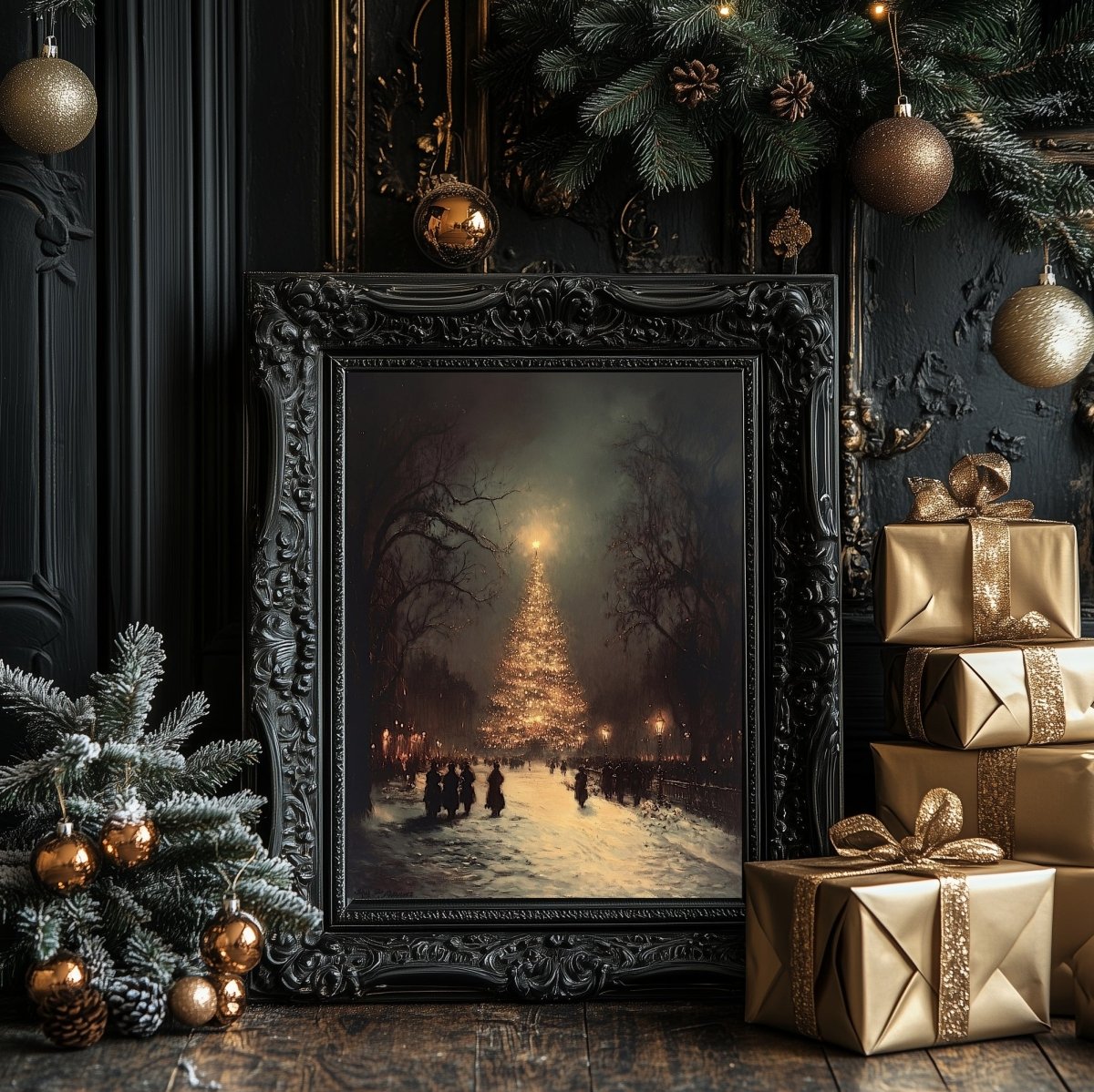 Vintage Christmas Tree Wall Art Print - Festive Winter Scene with Glowing Lights in Snowy Square - Everything Pixel