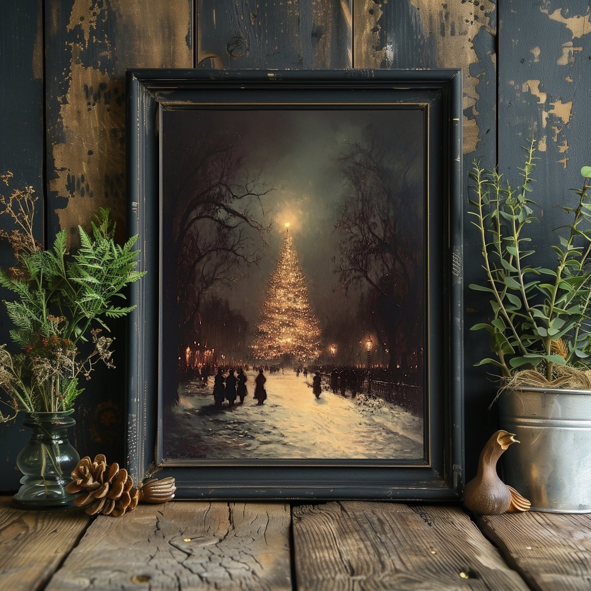 Vintage Christmas Tree Wall Art Print - Festive Winter Scene with Glowing Lights in Snowy Square - Everything Pixel