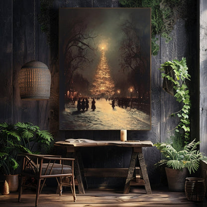 Vintage Christmas Tree Wall Art Print - Festive Winter Scene with Glowing Lights in Snowy Square - Everything Pixel