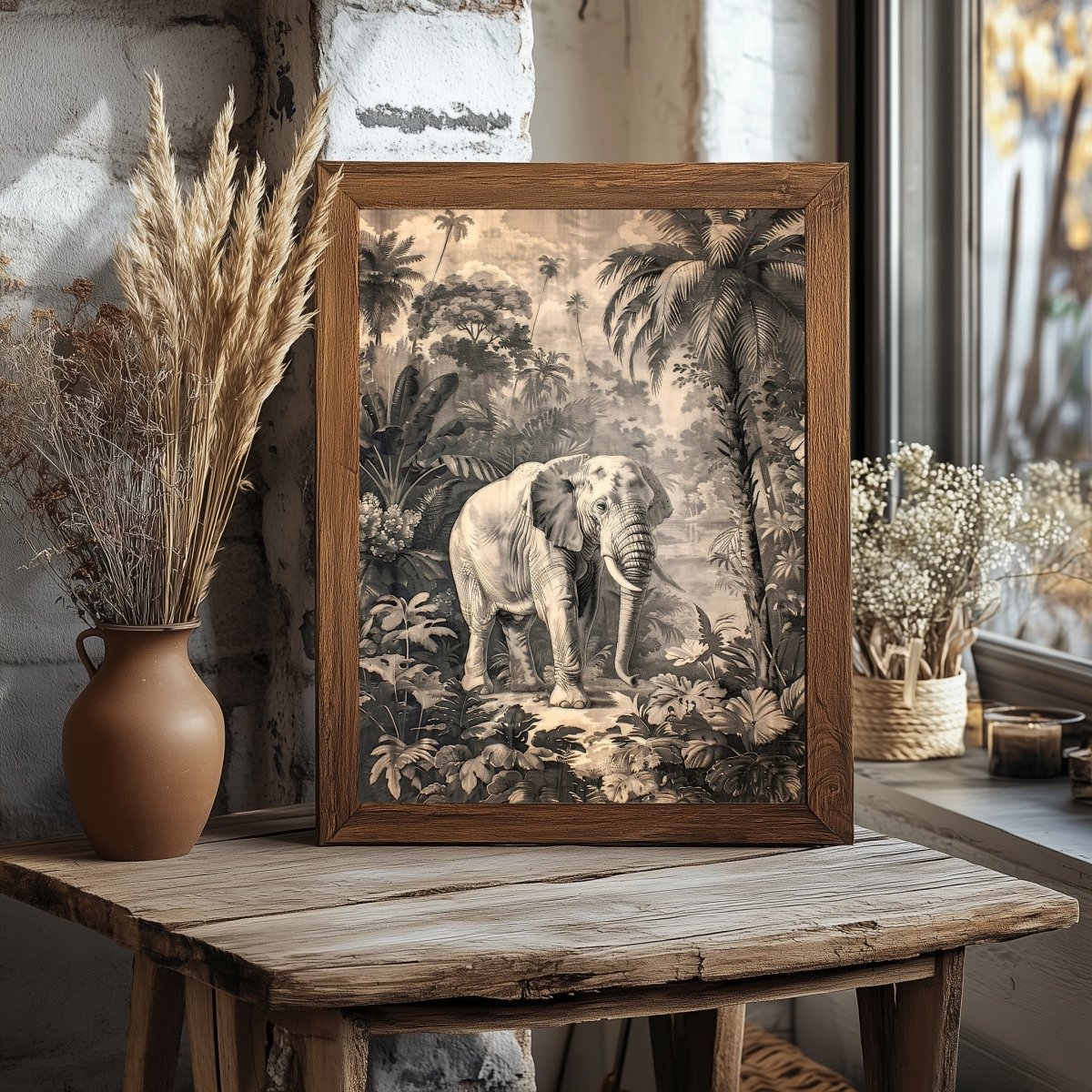 Vintage Elephant in Jungle Wall Art Print - Everything Pixel