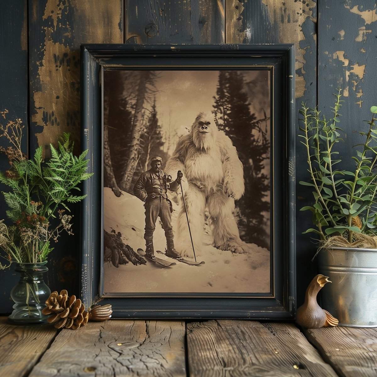 Vintage Explorer and Yeti Wall Art Print – Adventure Meets Folklore in a Snowy Forest - Everything Pixel