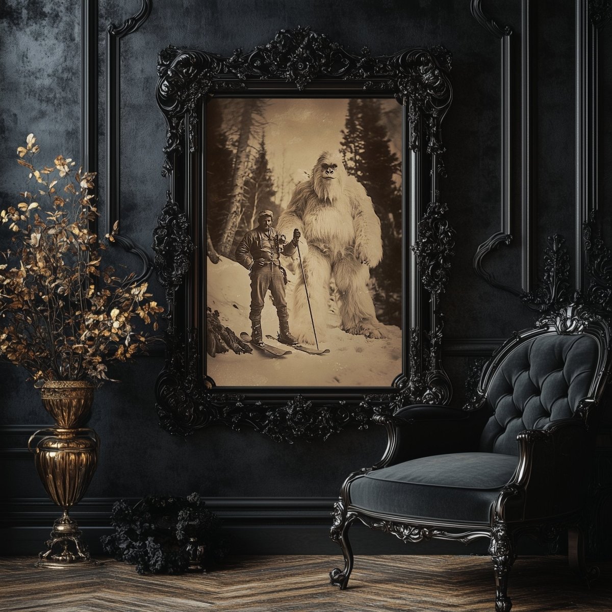 Vintage Explorer and Yeti Wall Art Print – Adventure Meets Folklore in a Snowy Forest - Everything Pixel