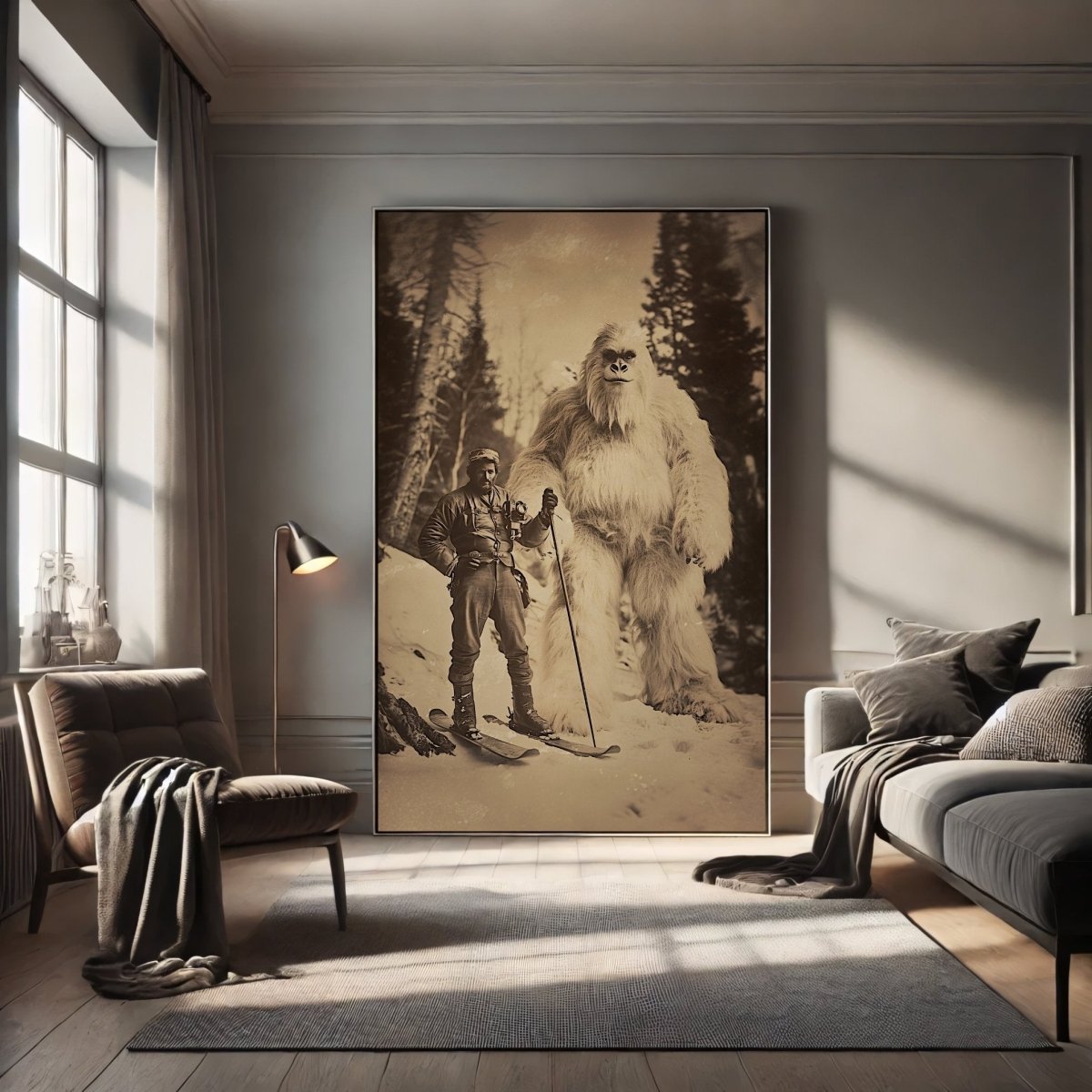 Vintage Explorer and Yeti Wall Art Print – Adventure Meets Folklore in a Snowy Forest - Everything Pixel