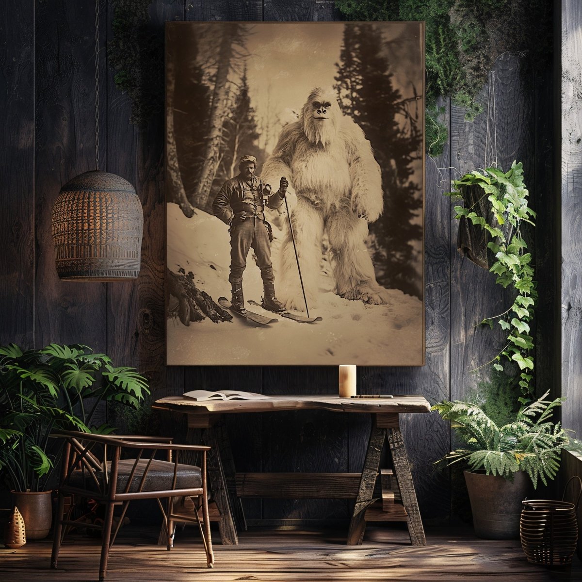 Vintage Explorer and Yeti Wall Art Print – Adventure Meets Folklore in a Snowy Forest - Everything Pixel