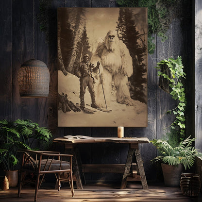 Vintage Explorer and Yeti Wall Art Print – Adventure Meets Folklore in a Snowy Forest - Everything Pixel