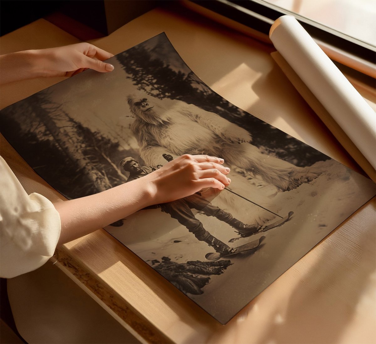 Vintage Explorer and Yeti Wall Art Print – Adventure Meets Folklore in a Snowy Forest - Everything Pixel