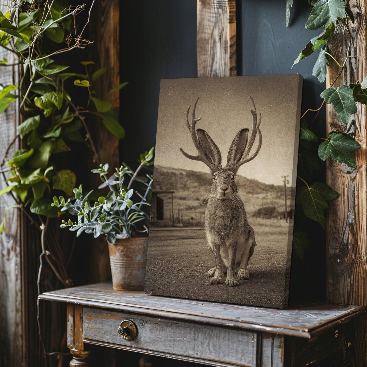Vintage Jackalope Canvas Print | American Folklore Cryptid Wall Art | Rustic Old West Cabin Decor - Everything Pixel