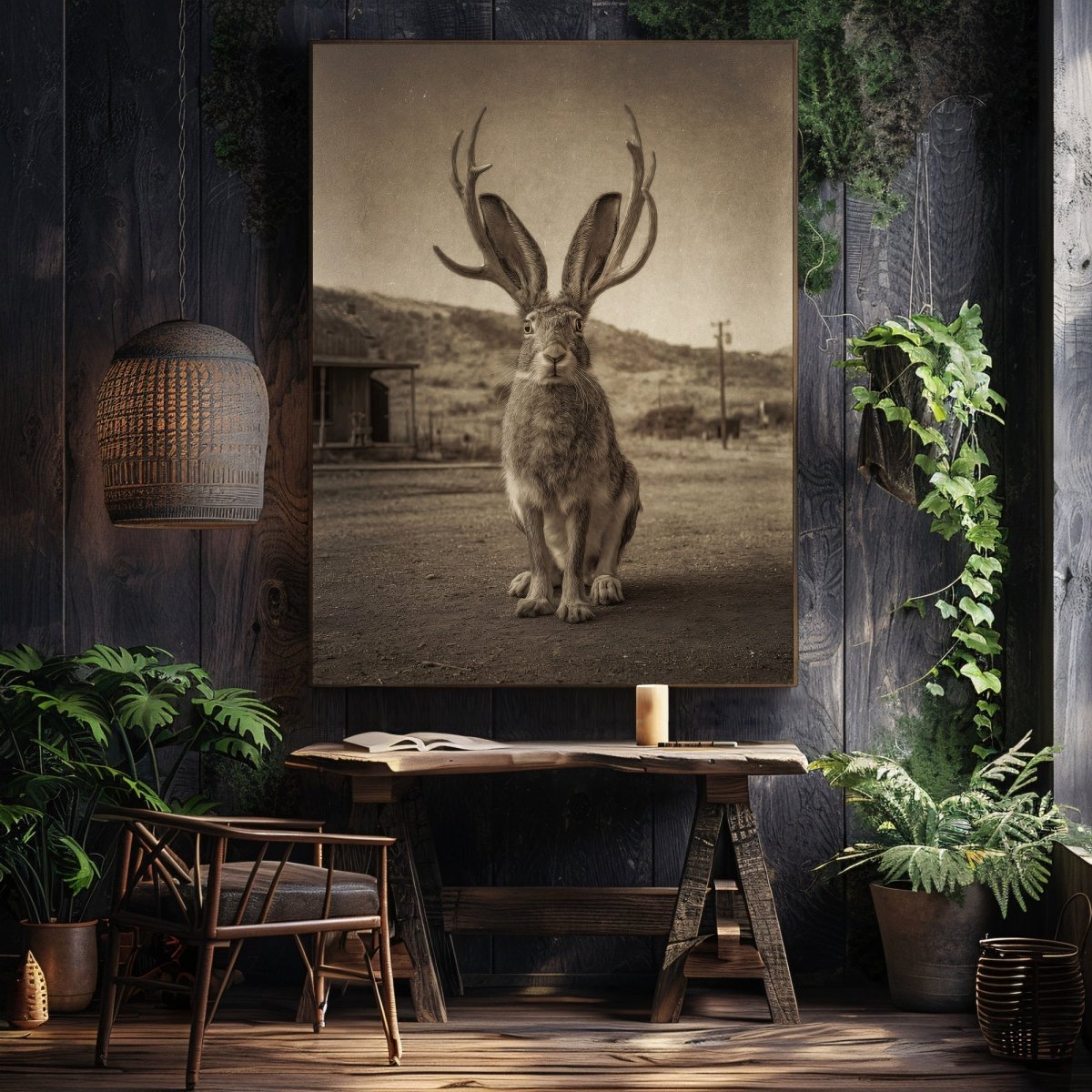 Vintage Jackalope Wall Art Print | American Folklore Cryptid Artwork | Old West Rustic Cabin Fantasy Decor - Everything Pixel