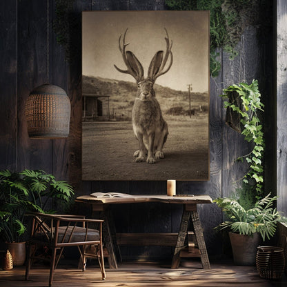 Vintage Jackalope Wall Art Print | American Folklore Cryptid Artwork | Old West Rustic Cabin Fantasy Decor - Everything Pixel
