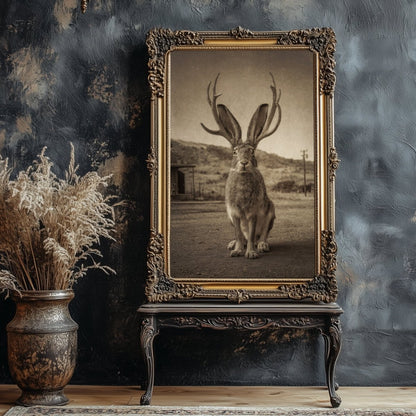 Vintage Jackalope Wall Art Print | American Folklore Cryptid Artwork | Old West Rustic Cabin Fantasy Decor - Everything Pixel