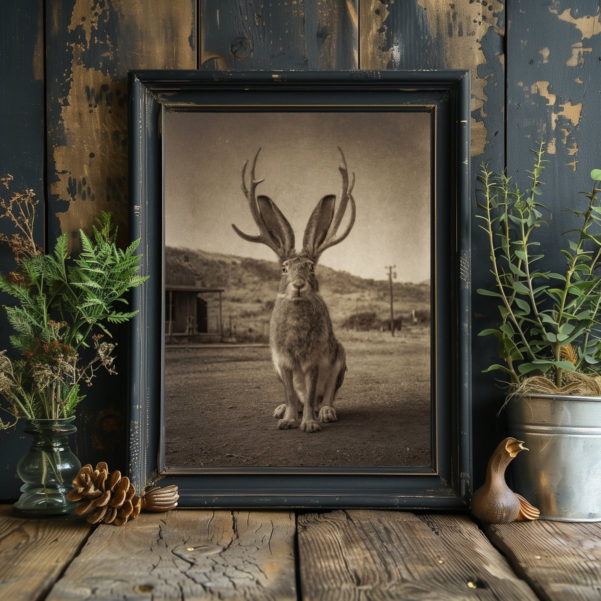 Vintage Jackalope Wall Art Print | American Folklore Cryptid Artwork | Old West Rustic Cabin Fantasy Decor - Everything Pixel