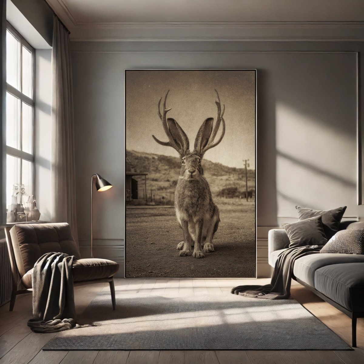 Vintage Jackalope Wall Art Print | American Folklore Cryptid Artwork | Old West Rustic Cabin Fantasy Decor - Everything Pixel