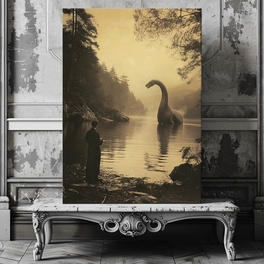 Vintage Jurassic Scene Canvas Print - Dinosaur Art, Nostalgic Fantasy, 19th Century Photo - Everything Pixel