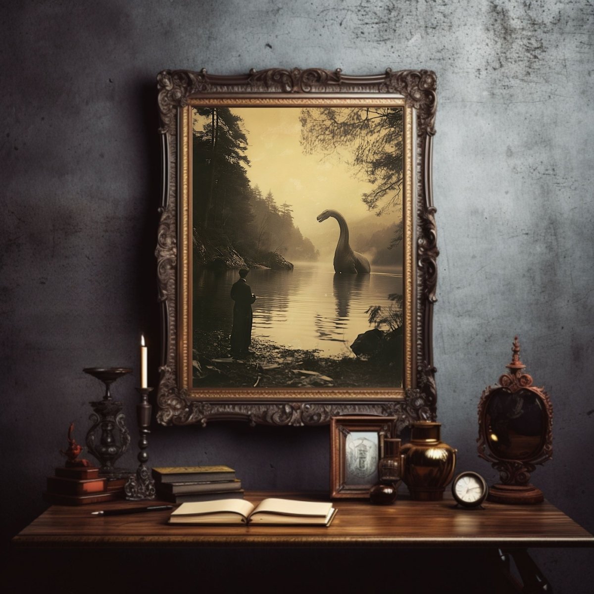 Vintage Jurassic Scene Wall Art Print - Dinosaur Art, Nostalgic Fantasy, 19th Century Photo - Everything Pixel