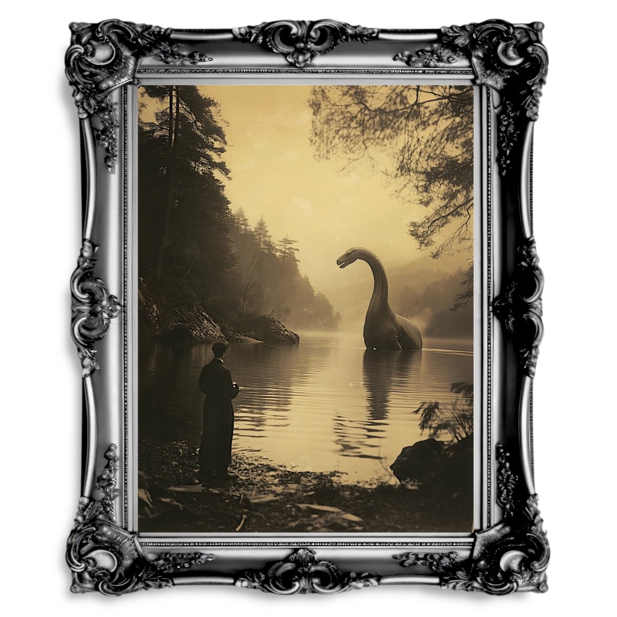 Vintage Jurassic Scene Wall Art Print - Dinosaur Art, Nostalgic Fantasy, 19th Century Photo - Everything Pixel