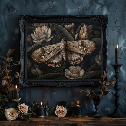 Vintage Moth Oil Painting Wall Art Dark Academia, Witchy Gothic, Botanical Decor, Dark Cottagecore, Goblincore, Goth Home Décor Paper Poster Prints - Everything Pixel