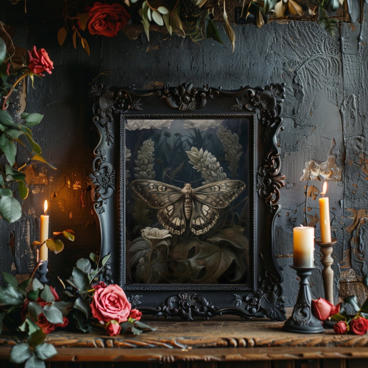 Vintage Moth Painting Wall Art Dark Academia Witchy Gothic Botanical Decor Dark Cottagecore Goblincore Goth Home Decor Paper Poster Prints - Everything Pixel