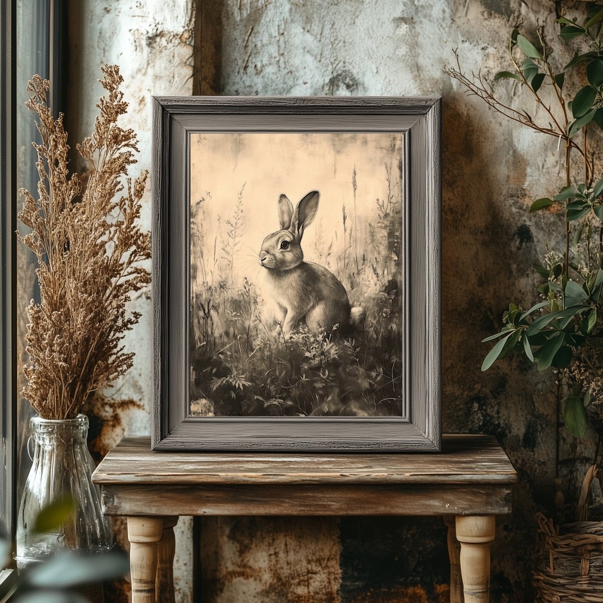 Vintage Rabbit Wall Art Print – Monochrome Meadow Sketch for Cottagecore & Farmhouse Decor - Everything Pixel