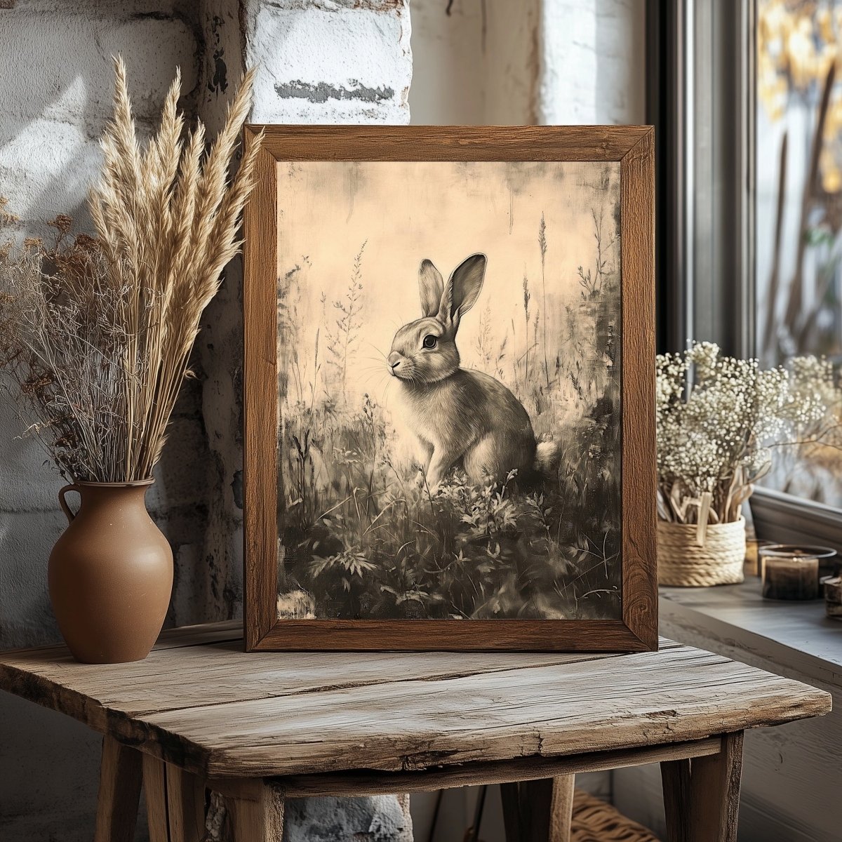 Vintage Rabbit Wall Art Print – Monochrome Meadow Sketch for Cottagecore & Farmhouse Decor - Everything Pixel