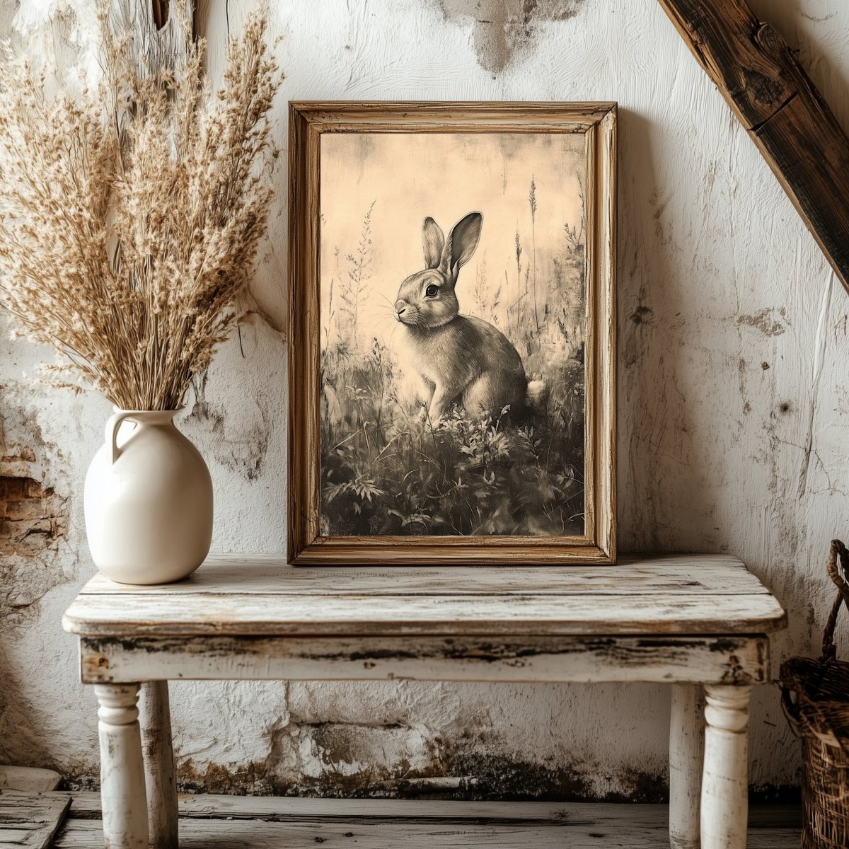Vintage Rabbit Wall Art Print – Monochrome Meadow Sketch for Cottagecore & Farmhouse Decor - Everything Pixel