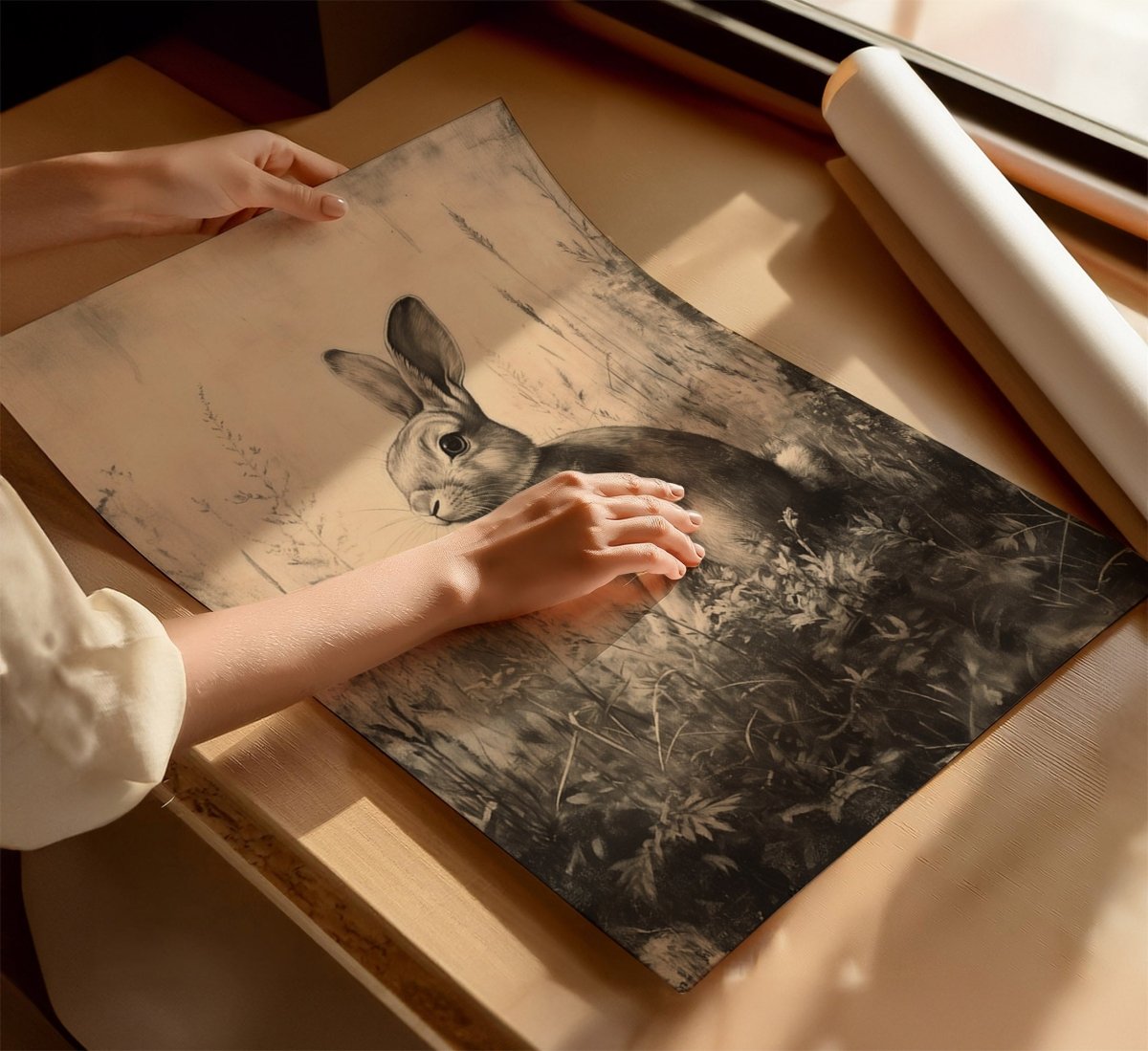 Vintage Rabbit Wall Art Print – Monochrome Meadow Sketch for Cottagecore & Farmhouse Decor - Everything Pixel
