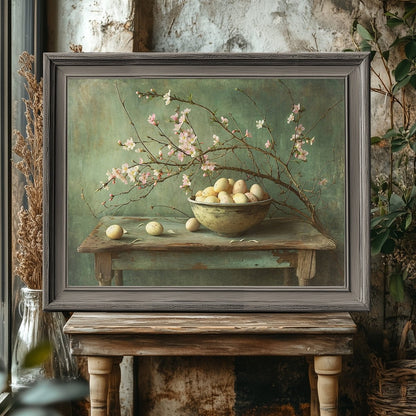 Vintage Still Life: Bowl of Eggs & Blooming Branch Wall Art - Everything Pixel