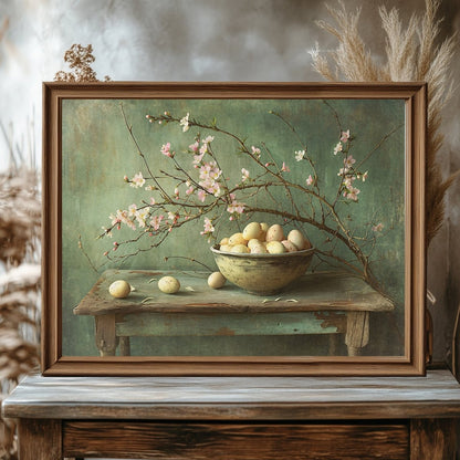 Vintage Still Life: Bowl of Eggs & Blooming Branch Wall Art - Everything Pixel