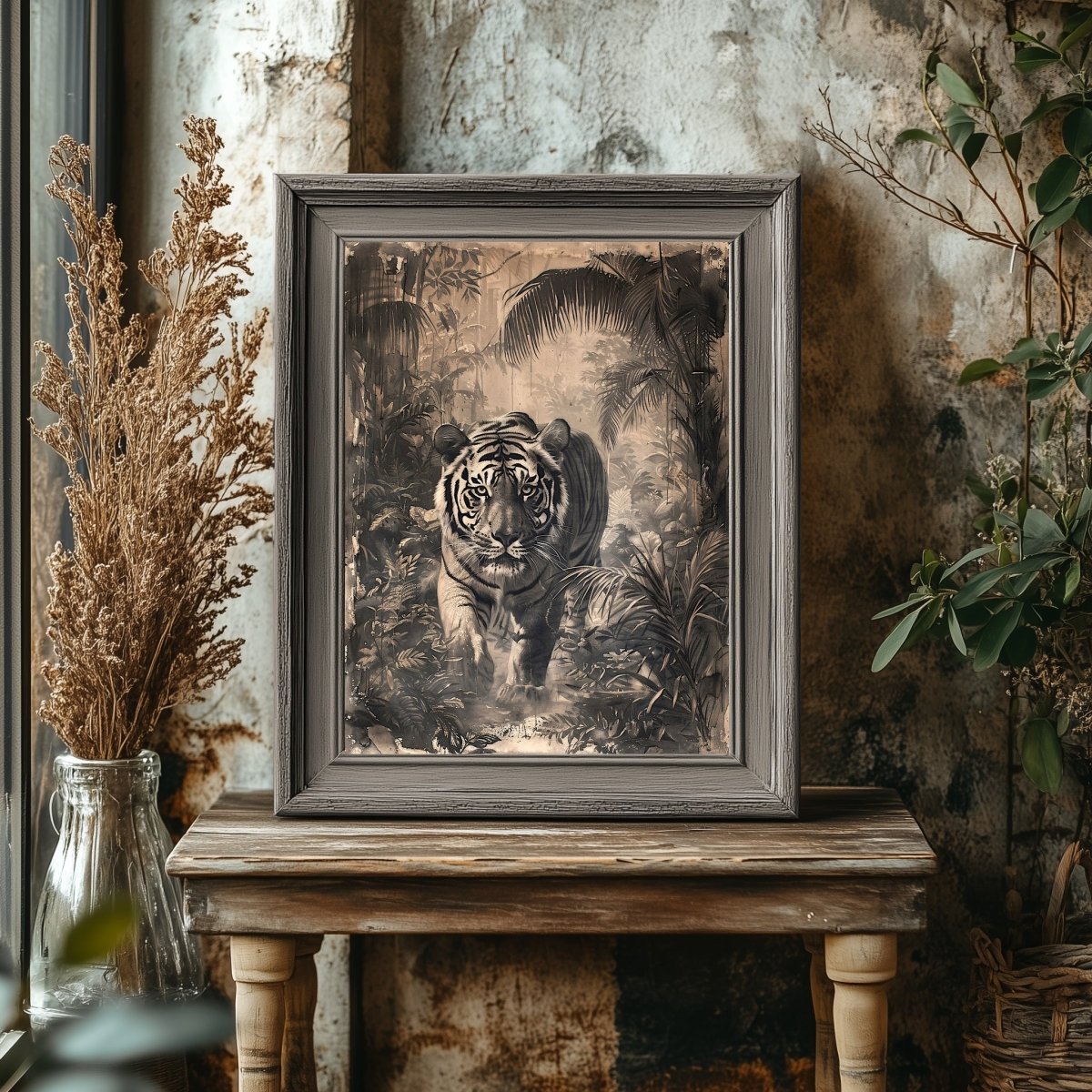 Vintage Tiger in Jungle Wall Art Print - Everything Pixel