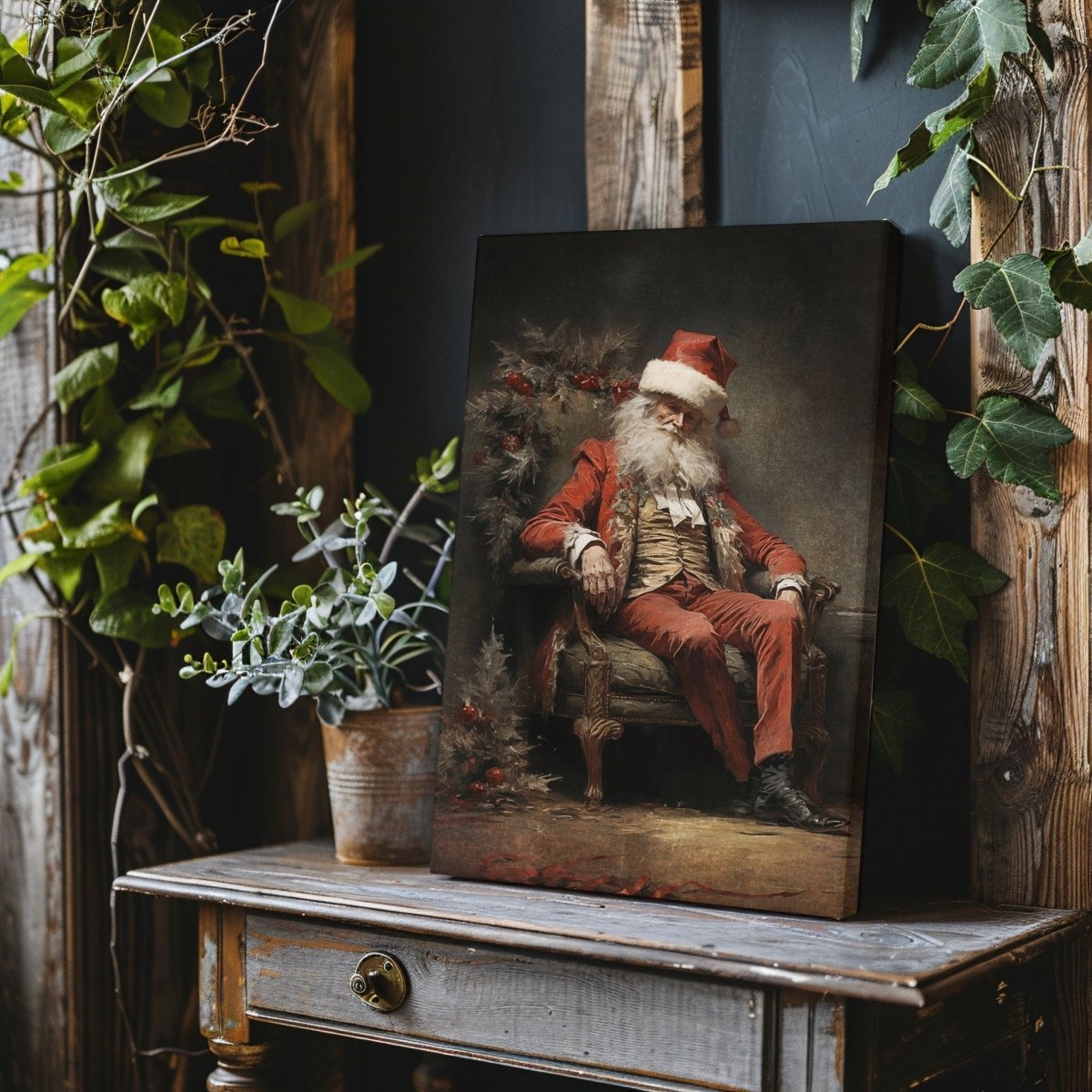 Vintage Tired Santa Canvas Print – Contemplative Holiday Scene with Antique Charm - Everything Pixel